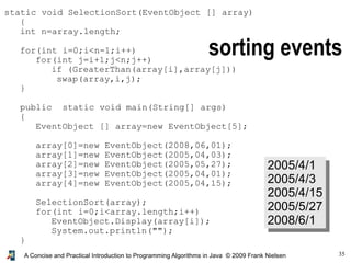 35A Concise and Practical Introduction to Programming Algorithms in Java © 2009 Frank Nielsen
sorting events
static void SelectionSort(EventObject [] array)
{
int n=array.length;
for(int i=0;i<n-1;i++)
for(int j=i+1;j<n;j++)
if (GreaterThan(array[i],array[j]))
swap(array,i,j);
}
public static void main(String[] args)
{
EventObject [] array=new EventObject[5];
array[0]=new EventObject(2008,06,01);
array[1]=new EventObject(2005,04,03);
array[2]=new EventObject(2005,05,27);
array[3]=new EventObject(2005,04,01);
array[4]=new EventObject(2005,04,15);
SelectionSort(array);
for(int i=0;i<array.length;i++)
EventObject.Display(array[i]);
System.out.println("");
}
2005/4/1
2005/4/3
2005/4/15
2005/5/27
2008/6/1
 
