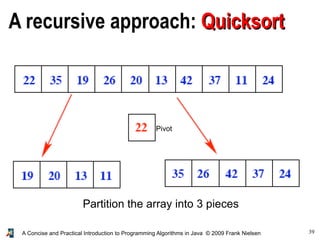 39A Concise and Practical Introduction to Programming Algorithms in Java © 2009 Frank Nielsen
Pivot
A recursive approach: QuicksortQuicksort
Partition the array into 3 pieces
 