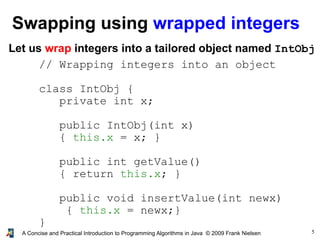 5A Concise and Practical Introduction to Programming Algorithms in Java © 2009 Frank Nielsen
Swapping using wrapped integers
// Wrapping integers into an object
class IntObj {
private int x;
public IntObj(int x)
{ this.x = x; }
public int getValue()
{ return this.x; }
public void insertValue(int newx)
{ this.x = newx;}
}
Let us wrap integers into a tailored object named IntObj
 