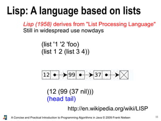 11A Concise and Practical Introduction to Programming Algorithms in Java © 2009 Frank Nielsen
Lisp: A language based on lists
http://en.wikipedia.org/wiki/LISP
(list '1 '2 'foo)
(list 1 2 (list 3 4))
(12 (99 (37 nil)))
(head tail)
Lisp (1958) derives from "List Processing Language"
Still in widespread use nowdays
 