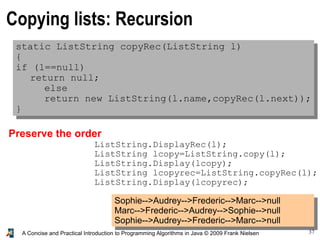 37A Concise and Practical Introduction to Programming Algorithms in Java © 2009 Frank Nielsen
Copying lists: Recursion
static ListString copyRec(ListString l)
{
if (l==null)
return null;
else
return new ListString(l.name,copyRec(l.next));
}
ListString.DisplayRec(l);
ListString lcopy=ListString.copy(l);
ListString.Display(lcopy);
ListString lcopyrec=ListString.copyRec(l);
ListString.Display(lcopyrec);
Preserve the order
Sophie-->Audrey-->Frederic-->Marc-->null
Marc-->Frederic-->Audrey-->Sophie-->null
Sophie-->Audrey-->Frederic-->Marc-->null
 