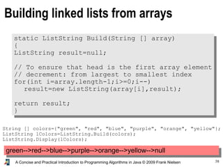 38A Concise and Practical Introduction to Programming Algorithms in Java © 2009 Frank Nielsen
Building linked lists from arrays
static ListString Build(String [] array)
{
ListString result=null;
// To ensure that head is the first array element
// decrement: from largest to smallest index
for(int i=array.length-1;i>=0;i--)
result=new ListString(array[i],result);
return result;
}
String [] colors={"green", "red", "blue", "purple", "orange", "yellow"};
ListString lColors=ListString.Build(colors);
ListString.Display(lColors);
green-->red-->blue-->purple-->orange-->yellow-->null
 