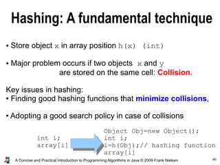 40A Concise and Practical Introduction to Programming Algorithms in Java © 2009 Frank Nielsen
Hashing: A fundamental technique
● Store object x in array position h(x) (int)
● Major problem occurs if two objects x and y
are stored on the same cell: Collision.
Key issues in hashing:
● Finding good hashing functions that minimize collisions,
● Adopting a good search policy in case of collisions
int i;
array[i]
Object Obj=new Object();
int i;
i=h(Obj);// hashing function
array[i]
 
