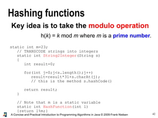 42A Concise and Practical Introduction to Programming Algorithms in Java © 2009 Frank Nielsen
Hashing functions
Key idea is to take the modulo operation
h(k) = k mod m where m is a prime number.
static int m=23;
// TRANSCODE strings into integers
static int String2Integer(String s)
{
int result=0;
for(int j=0;j<s.length();j++)
result=result*31+s.charAt(j);
// this is the method s.hashCode()
return result;
}
// Note that m is a static variable
static int HashFunction(int l)
{return l%m;}
 