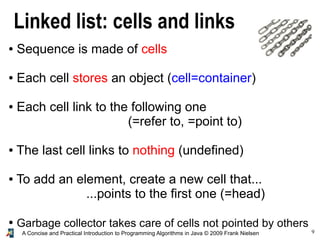 9A Concise and Practical Introduction to Programming Algorithms in Java © 2009 Frank Nielsen
Linked list: cells and links
● Sequence is made of cells
● Each cell stores an object (cell=container)
● Each cell link to the following one
(=refer to, =point to)
● The last cell links to nothing (undefined)
● To add an element, create a new cell that...
...points to the first one (=head)
● Garbage collector takes care of cells not pointed by others
 