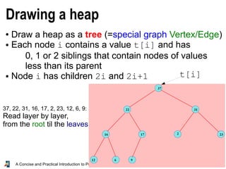 18A Concise and Practical Introduction to Programming Algorithms in Java © 2009 Frank Nielsen
Drawing a heap
● Draw a heap as a tree (=special graph Vertex/Edge)
● Each node i contains a value t[i] and has
0, 1 or 2 siblings that contain nodes of values
less than its parent
● Node i has children 2i and 2i+1 t[i]
37, 22, 31, 16, 17, 2, 23, 12, 6, 9:
Read layer by layer,
from the root til the leaves
 