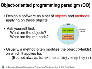 31A Concise and Practical Introduction to Programming Algorithms in Java © 2009 Frank Nielsen
Object-oriented programming paradigm (OO)
● Design a software as a set of objects and methods
applying on these objects
● Ask yourself first:
- What are the objects?
- What are the methods?
● Usually, a method often modifies the object (=fields)
on which it applies for.
(But not always, for example: Obj.Display())
 