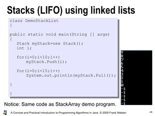 48A Concise and Practical Introduction to Programming Algorithms in Java © 2009 Frank Nielsen
class DemoStackList
{
public static void main(String [] args)
{
Stack myStack=new Stack();
int i;
for(i=0;i<10;i++)
myStack.Push(i);
for(i=0;i<15;i++)
System.out.println(myStack.Pull());
}
}
Stacks (LIFO) using linked lists
Notice: Same code as StackArray demo program.
 