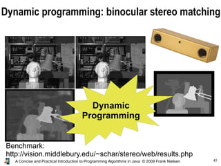 45
A Concise and Practical Introduction to Programming Algorithms in Java © 2009 Frank Nielsen
Dynamic programming: binocular stereo matching
Benchmark:
http://vision.middlebury.edu/~schar/stereo/web/results.php
Dynamic
Programming
 