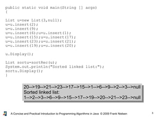 8
A Concise and Practical Introduction to Programming Algorithms in Java © 2009 Frank Nielsen
public static void main(String [] args)
{
List u=new List(3,null);
u=u.insert(2);
u=u.insert(9);
u=u.insert(6);u=u.insert(1);
u=u.insert(15);u=u.insert(17);
u=u.insert(23);u=u.insert(21);
u=u.insert(19);u=u.insert(20);
u.Display();
List sortu=sortRec(u);
System.out.println("Sorted linked list:");
sortu.Display();
}
20-->19-->21-->23-->17-->15-->1-->6-->9-->2-->3-->null
Sorted linked list:
1-->2-->3-->6-->9-->15-->17-->19-->20-->21-->23-->null
 