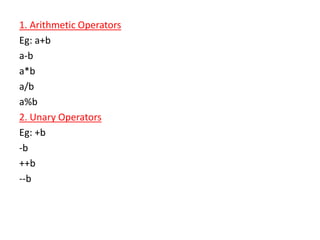 1. Arithmetic Operators
Eg: a+b
a-b
a*b
a/b
a%b
2. Unary Operators
Eg: +b
-b
++b
--b
 