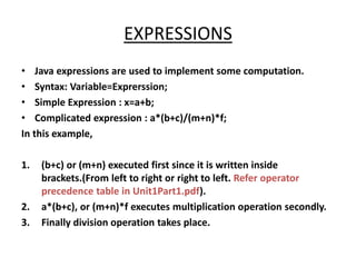 EXPRESSIONS
• Java expressions are used to implement some computation.
• Syntax: Variable=Exprerssion;
• Simple Expression : x=a+b;
• Complicated expression : a*(b+c)/(m+n)*f;
In this example,
1. (b+c) or (m+n) executed first since it is written inside
brackets.(From left to right or right to left. Refer operator
precedence table in Unit1Part1.pdf).
2. a*(b+c), or (m+n)*f executes multiplication operation secondly.
3. Finally division operation takes place.
 