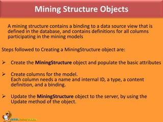 create the data mining model that supports the mining algorithm you want to use in order to predict or to find the relationships underlying your data. 