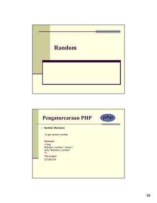 Random




Pengaturcaraan PHP
Number (Random)

To get random number

Example :
<?php
$random_number = rand( );
echo "$random_number";
?>
The output
221381276




                            68
 
