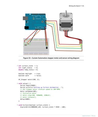 Figure 33—Curtain Automation stepper motor and sensor wiring diagram
③ int curtain_state = 1;
int light_status = 0;
double temp_status = 0;
boolean daylight = true;
boolean warm = false;
AF_Stepper motor(100, 2);
void setup() {
④
Serial.begin(9600);
Serial.println("Setting up Curtain Automation...");
// Set stepper motor rotation speed to 100 RPMs
motor.setSpeed(100);
// Initialize motor
// motor.step(100, FORWARD, SINGLE);
// motor.release();
delay(1000);
}
⑤ void Curtain(boolean curtain_state) {
digitalWrite(ONBOARD_LED, curtain_state ? HIGH : LOW);
report erratum • discuss
Writing the Sketch • 135
 