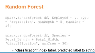 Random Forest
spark.randomForest(df, Employed ~ ., type
= "regression", maxDepth = 5, maxBins =
16)
spark.randomForest(df, Species ~
Petal_Length + Petal_Width,
"classification", numTree = 30)
• “classification” index label, predicted label to string
 