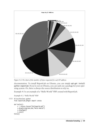 Figure 4-2. Pie chart of the number of bytes requested for each IP address
documentation. To install ReportLab on Ubuntu, you can simply apt-get install
python-reportlab. If you’re not on Ubuntu, you can seek out a package for your oper-
ating system. Or, there is always the source distribution to rely on.
Example 4-3 is an example of a “Hello World” PDF created with ReportLab.
Example 4-3. “Hello World” PDF
#!/usr/bin/env python
from reportlab.pdfgen import canvas

def hello():
    c = canvas.Canvas("helloworld.pdf")
    c.drawString(100,100,"Hello World")
    c.showPage()
    c.save()
hello()



                                                                         Information Formatting | 139
 
