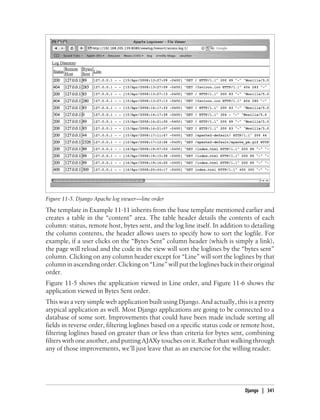Figure 11-5. Django Apache log viewer—line order
The template in Example 11-11 inherits from the base template mentioned earlier and
creates a table in the “content” area. The table header details the contents of each
column: status, remote host, bytes sent, and the log line itself. In addition to detailing
the column contents, the header allows users to specify how to sort the logfile. For
example, if a user clicks on the “Bytes Sent” column header (which is simply a link),
the page will reload and the code in the view will sort the loglines by the “bytes sent”
column. Clicking on any column header except for “Line” will sort the loglines by that
column in ascending order. Clicking on “Line” will put the loglines back in their original
order.
Figure 11-5 shows the application viewed in Line order, and Figure 11-6 shows the
application viewed in Bytes Sent order.
This was a very simple web application built using Django. And actually, this is a pretty
atypical application as well. Most Django applications are going to be connected to a
database of some sort. Improvements that could have been made include sorting all
fields in reverse order, filtering loglines based on a specific status code or remote host,
filtering loglines based on greater than or less than criteria for bytes sent, combining
filters with one another, and putting AJAXy touches on it. Rather than walking through
any of those improvements, we’ll just leave that as an exercise for the willing reader.




                                                                               Django | 341
 