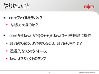 やりたいこと
Copyright 2016 FUJITSU LIMITED
coreファイルをデバッグ
coreからJava VM(C++)とJavaコードを同時に操作
なぜcoreなのか？
透過的なスタックトレース
Javaオブジェクトのダンプ
Javaならjdb、JVMならGDB。Java+JVMは？
2
 