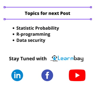 Statistic Probability
R-programming
Data security
Stay Tuned with
Topics for next Post
 