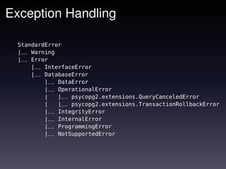 Exception Handling

  StandardError
  |__ Warning
  |__ Error
      |__ InterfaceError
      |__ DatabaseError
          |__ DataError
          |__ OperationalError
          |   |__ psycopg2.extensions.QueryCanceledError
          |   |__ psycopg2.extensions.TransactionRollbackError
          |__ IntegrityError
          |__ InternalError
          |__ ProgrammingError
          |__ NotSupportedError
 