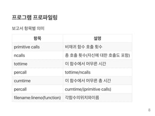 프로그램프로파일링
보고서항목별의미
항목 설명
primitivecalls 비재귀 함수호출횟수
ncalls 총호출횟수(자신에대한호출도포함)
tottime 이함수에서머무른시간
percall tottime/ncalls
cumtime 이함수에서머무른총시간
percall cumtime/(primitivecalls)
filename:lineno(function) 각함수의위치와이름
8
 