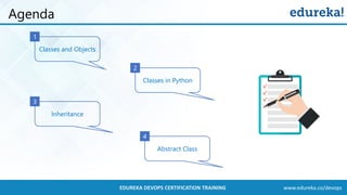 www.edureka.co/devopsEDUREKA DEVOPS CERTIFICATION TRAINING
Agenda
Classes and Objects
1
Classes in Python
2
Inheritance
3
Abstract Class
4
 