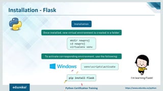 Python Certification Training https://www.edureka.co/python
Installation - Flask
Installation
I’m learning Flask!
Once installed, new virtual environment is created in a folder
mkdir newproj
cd newproj
virtualenv venv
To activate corresponding environment, use the following:
venvscriptsactivate
pip install Flask
 