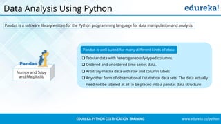 www.edureka.co/pythonEDUREKA PYTHON CERTIFICATION TRAINING
Data Analysis Using Python
Pandas is a software library written for the Python programming language for data manipulation and analysis.
Numpy and Scipy
and Matplotlib
Pandas is well suited for many different kinds of data:
 Tabular data with heterogeneously-typed columns.
 Ordered and unordered time series data.
 Arbitrary matrix data with row and column labels
 Any other form of observational / statistical data sets. The data actually
need not be labeled at all to be placed into a pandas data structure
 