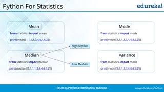 www.edureka.co/pythonEDUREKA PYTHON CERTIFICATION TRAINING
Python For Statistics
from statistics import mean
print(mean([1,1,1,1,3,4,4,4,5,2]))
Mean
Median
from statistics import median
print(median([1,1,1,1,3,4,4,4,5,2]))
High Median
Low Median
from statistics import mode
print(mode([1,1,1,1,3,4,4,4,5,2]))
Mode
from statistics import mode
print(mode([1,1,1,1,3,4,4,4,5,2]))
Variance
 