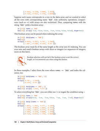 [ 0.3026, 0.5238, 0.0009, 1.3438],
[-0.7135, -0.8312, -2.3702, -1.8608]])
Suppose each name corresponds to a row in the data array and we wanted to select
all the rows with corresponding name 'Bob'. Like arithmetic operations, compari‐
sons (such as ==) with arrays are also vectorized. Thus, comparing names with the
string 'Bob' yields a boolean array:
In [102]: names == 'Bob'
Out[102]: array([ True, False, False, True, False, False, False], dtype=bool)
This boolean array can be passed when indexing the array:
In [103]: data[names == 'Bob']
Out[103]:
array([[ 0.0929, 0.2817, 0.769 , 1.2464],
[ 1.669 , -0.4386, -0.5397, 0.477 ]])
The boolean array must be of the same length as the array axis it’s indexing. You can
even mix and match boolean arrays with slices or integers (or sequences of integers;
more on this later).
Boolean selection will not fail if the boolean array is not the correct
length, so I recommend care when using this feature.
In these examples, I select from the rows where names == 'Bob' and index the col‐
umns, too:
In [104]: data[names == 'Bob', 2:]
Out[104]:
array([[ 0.769 , 1.2464],
[-0.5397, 0.477 ]])
In [105]: data[names == 'Bob', 3]
Out[105]: array([ 1.2464, 0.477 ])
To select everything but 'Bob', you can either use != or negate the condition using ~:
In [106]: names != 'Bob'
Out[106]: array([False, True, True, False, True, True, True], dtype=bool)
In [107]: data[~(names == 'Bob')]
Out[107]:
array([[ 1.0072, -1.2962, 0.275 , 0.2289],
[ 1.3529, 0.8864, -2.0016, -0.3718],
[ 3.2489, -1.0212, -0.5771, 0.1241],
[ 0.3026, 0.5238, 0.0009, 1.3438],
[-0.7135, -0.8312, -2.3702, -1.8608]])
100 | Chapter 4: NumPy Basics: Arrays and Vectorized Computation
 
