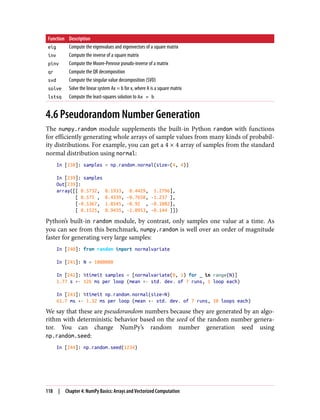 Function Description
eig Compute the eigenvalues and eigenvectors of a square matrix
inv Compute the inverse of a square matrix
pinv Compute the Moore-Penrose pseudo-inverse of a matrix
qr Compute the QR decomposition
svd Compute the singular value decomposition (SVD)
solve Solve the linear system Ax = b for x, where A is a square matrix
lstsq Compute the least-squares solution to Ax = b
4.6 Pseudorandom Number Generation
The numpy.random module supplements the built-in Python random with functions
for efficiently generating whole arrays of sample values from many kinds of probabil‐
ity distributions. For example, you can get a 4 × 4 array of samples from the standard
normal distribution using normal:
In [238]: samples = np.random.normal(size=(4, 4))
In [239]: samples
Out[239]:
array([[ 0.5732, 0.1933, 0.4429, 1.2796],
[ 0.575 , 0.4339, -0.7658, -1.237 ],
[-0.5367, 1.8545, -0.92 , -0.1082],
[ 0.1525, 0.9435, -1.0953, -0.144 ]])
Python’s built-in random module, by contrast, only samples one value at a time. As
you can see from this benchmark, numpy.random is well over an order of magnitude
faster for generating very large samples:
In [240]: from random import normalvariate
In [241]: N = 1000000
In [242]: %timeit samples = [normalvariate(0, 1) for _ in range(N)]
1.77 s +- 126 ms per loop (mean +- std. dev. of 7 runs, 1 loop each)
In [243]: %timeit np.random.normal(size=N)
61.7 ms +- 1.32 ms per loop (mean +- std. dev. of 7 runs, 10 loops each)
We say that these are pseudorandom numbers because they are generated by an algo‐
rithm with deterministic behavior based on the seed of the random number genera‐
tor. You can change NumPy’s random number generation seed using
np.random.seed:
In [244]: np.random.seed(1234)
118 | Chapter 4: NumPy Basics: Arrays and Vectorized Computation
 