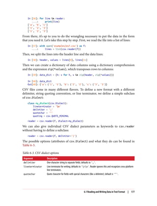In [56]: for line in reader:
....: print(line)
['a', 'b', 'c']
['1', '2', '3']
['1', '2', '3']
From there, it’s up to you to do the wrangling necessary to put the data in the form
that you need it. Let’s take this step by step. First, we read the file into a list of lines:
In [57]: with open('examples/ex7.csv') as f:
....: lines = list(csv.reader(f))
Then, we split the lines into the header line and the data lines:
In [58]: header, values = lines[0], lines[1:]
Then we can create a dictionary of data columns using a dictionary comprehension
and the expression zip(*values), which transposes rows to columns:
In [59]: data_dict = {h: v for h, v in zip(header, zip(*values))}
In [60]: data_dict
Out[60]: {'a': ('1', '1'), 'b': ('2', '2'), 'c': ('3', '3')}
CSV files come in many different flavors. To define a new format with a different
delimiter, string quoting convention, or line terminator, we define a simple subclass
of csv.Dialect:
class my_dialect(csv.Dialect):
lineterminator = 'n'
delimiter = ';'
quotechar = '"'
quoting = csv.QUOTE_MINIMAL
reader = csv.reader(f, dialect=my_dialect)
We can also give individual CSV dialect parameters as keywords to csv.reader
without having to define a subclass:
reader = csv.reader(f, delimiter='|')
The possible options (attributes of csv.Dialect) and what they do can be found in
Table 6-3.
Table 6-3. CSV dialect options
Argument Description
delimiter One-character string to separate fields; defaults to ','.
lineterminator Line terminator for writing; defaults to 'rn'. Reader ignores this and recognizes cross-platform
line terminators.
quotechar Quote character for fields with special characters (like a delimiter); default is '"'.
6.1 Reading and Writing Data in Text Format | 177
 