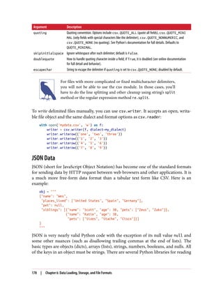 Argument Description
quoting Quoting convention. Options include csv.QUOTE_ALL (quote all fields), csv.QUOTE_MINI
MAL (only fields with special characters like the delimiter), csv.QUOTE_NONNUMERIC, and
csv.QUOTE_NONE (no quoting). See Python’s documentation for full details. Defaults to
QUOTE_MINIMAL.
skipinitialspace Ignore whitespace after each delimiter; default is False.
doublequote How to handle quoting character inside a field; if True, it is doubled (see online documentation
for full detail and behavior).
escapechar String to escape the delimiter if quoting is set to csv.QUOTE_NONE; disabled by default.
For files with more complicated or fixed multicharacter delimiters,
you will not be able to use the csv module. In those cases, you’ll
have to do the line splitting and other cleanup using string’s split
method or the regular expression method re.split.
To write delimited files manually, you can use csv.writer. It accepts an open, writa‐
ble file object and the same dialect and format options as csv.reader:
with open('mydata.csv', 'w') as f:
writer = csv.writer(f, dialect=my_dialect)
writer.writerow(('one', 'two', 'three'))
writer.writerow(('1', '2', '3'))
writer.writerow(('4', '5', '6'))
writer.writerow(('7', '8', '9'))
JSON Data
JSON (short for JavaScript Object Notation) has become one of the standard formats
for sending data by HTTP request between web browsers and other applications. It is
a much more free-form data format than a tabular text form like CSV. Here is an
example:
obj = """
{"name": "Wes",
"places_lived": ["United States", "Spain", "Germany"],
"pet": null,
"siblings": [{"name": "Scott", "age": 30, "pets": ["Zeus", "Zuko"]},
{"name": "Katie", "age": 38,
"pets": ["Sixes", "Stache", "Cisco"]}]
}
"""
JSON is very nearly valid Python code with the exception of its null value null and
some other nuances (such as disallowing trailing commas at the end of lists). The
basic types are objects (dicts), arrays (lists), strings, numbers, booleans, and nulls. All
of the keys in an object must be strings. There are several Python libraries for reading
178 | Chapter 6: Data Loading, Storage, and File Formats
 