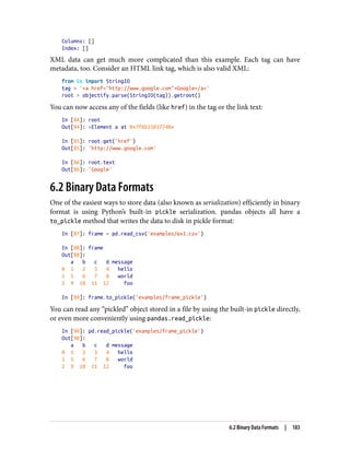 Columns: []
Index: []
XML data can get much more complicated than this example. Each tag can have
metadata, too. Consider an HTML link tag, which is also valid XML:
from io import StringIO
tag = '<a href="http://www.google.com">Google</a>'
root = objectify.parse(StringIO(tag)).getroot()
You can now access any of the fields (like href) in the tag or the link text:
In [84]: root
Out[84]: <Element a at 0x7f6b15817748>
In [85]: root.get('href')
Out[85]: 'http://www.google.com'
In [86]: root.text
Out[86]: 'Google'
6.2 Binary Data Formats
One of the easiest ways to store data (also known as serialization) efficiently in binary
format is using Python’s built-in pickle serialization. pandas objects all have a
to_pickle method that writes the data to disk in pickle format:
In [87]: frame = pd.read_csv('examples/ex1.csv')
In [88]: frame
Out[88]:
a b c d message
0 1 2 3 4 hello
1 5 6 7 8 world
2 9 10 11 12 foo
In [89]: frame.to_pickle('examples/frame_pickle')
You can read any “pickled” object stored in a file by using the built-in pickle directly,
or even more conveniently using pandas.read_pickle:
In [90]: pd.read_pickle('examples/frame_pickle')
Out[90]:
a b c d message
0 1 2 3 4 hello
1 5 6 7 8 world
2 9 10 11 12 foo
6.2 Binary Data Formats | 183
 