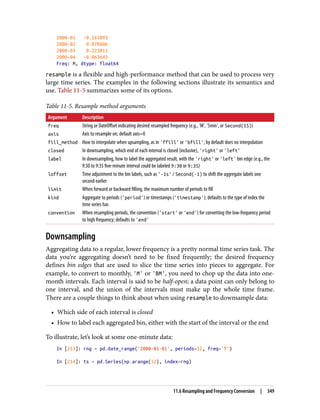 2000-01 -0.165893
2000-02 0.078606
2000-03 0.223811
2000-04 -0.063643
Freq: M, dtype: float64
resample is a flexible and high-performance method that can be used to process very
large time series. The examples in the following sections illustrate its semantics and
use. Table 11-5 summarizes some of its options.
Table 11-5. Resample method arguments
Argument Description
freq String or DateOffset indicating desired resampled frequency (e.g., ‘M', ’5min', or Second(15))
axis Axis to resample on; default axis=0
fill_method How to interpolate when upsampling, as in 'ffill' or 'bfill'; by default does no interpolation
closed In downsampling, which end of each interval is closed (inclusive), 'right' or 'left'
label In downsampling, how to label the aggregated result, with the 'right' or 'left' bin edge (e.g., the
9:30 to 9:35 five-minute interval could be labeled 9:30 or 9:35)
loffset Time adjustment to the bin labels, such as '-1s' / Second(-1) to shift the aggregate labels one
second earlier
limit When forward or backward filling, the maximum number of periods to fill
kind Aggregate to periods ('period') or timestamps ('timestamp'); defaults to the type of index the
time series has
convention When resampling periods, the convention ('start' or 'end') for converting the low-frequency period
to high frequency; defaults to 'end'
Downsampling
Aggregating data to a regular, lower frequency is a pretty normal time series task. The
data you’re aggregating doesn’t need to be fixed frequently; the desired frequency
defines bin edges that are used to slice the time series into pieces to aggregate. For
example, to convert to monthly, 'M' or 'BM', you need to chop up the data into one-
month intervals. Each interval is said to be half-open; a data point can only belong to
one interval, and the union of the intervals must make up the whole time frame.
There are a couple things to think about when using resample to downsample data:
• Which side of each interval is closed
• How to label each aggregated bin, either with the start of the interval or the end
To illustrate, let’s look at some one-minute data:
In [213]: rng = pd.date_range('2000-01-01', periods=12, freq='T')
In [214]: ts = pd.Series(np.arange(12), index=rng)
11.6 Resampling and Frequency Conversion | 349
 