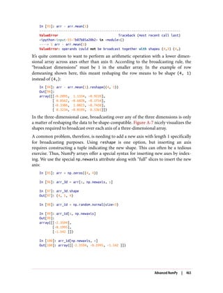 In [93]: arr - arr.mean(1)
---------------------------------------------------------------------------
ValueError Traceback (most recent call last)
<ipython-input-93-7b87b85a20b2> in <module>()
----> 1 arr - arr.mean(1)
ValueError: operands could not be broadcast together with shapes (4,3) (4,)
It’s quite common to want to perform an arithmetic operation with a lower dimen‐
sional array across axes other than axis 0. According to the broadcasting rule, the
“broadcast dimensions” must be 1 in the smaller array. In the example of row
demeaning shown here, this meant reshaping the row means to be shape (4, 1)
instead of (4,):
In [94]: arr - arr.mean(1).reshape((4, 1))
Out[94]:
array([[-0.2095, 1.1334, -0.9239],
[ 0.8562, -0.6828, -0.1734],
[-0.3386, 1.0823, -0.7438],
[ 0.3234, -0.8599, 0.5365]])
In the three-dimensional case, broadcasting over any of the three dimensions is only
a matter of reshaping the data to be shape-compatible. Figure A-7 nicely visualizes the
shapes required to broadcast over each axis of a three-dimensional array.
A common problem, therefore, is needing to add a new axis with length 1 specifically
for broadcasting purposes. Using reshape is one option, but inserting an axis
requires constructing a tuple indicating the new shape. This can often be a tedious
exercise. Thus, NumPy arrays offer a special syntax for inserting new axes by index‐
ing. We use the special np.newaxis attribute along with “full” slices to insert the new
axis:
In [95]: arr = np.zeros((4, 4))
In [96]: arr_3d = arr[:, np.newaxis, :]
In [97]: arr_3d.shape
Out[97]: (4, 1, 4)
In [98]: arr_1d = np.random.normal(size=3)
In [99]: arr_1d[:, np.newaxis]
Out[99]:
array([[-2.3594],
[-0.1995],
[-1.542 ]])
In [100]: arr_1d[np.newaxis, :]
Out[100]: array([[-2.3594, -0.1995, -1.542 ]])
Advanced NumPy | 463
 