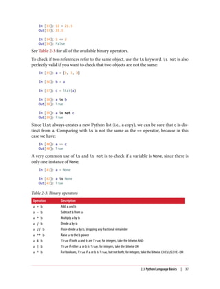 In [33]: 12 + 21.5
Out[33]: 33.5
In [34]: 5 <= 2
Out[34]: False
See Table 2-3 for all of the available binary operators.
To check if two references refer to the same object, use the is keyword. is not is also
perfectly valid if you want to check that two objects are not the same:
In [35]: a = [1, 2, 3]
In [36]: b = a
In [37]: c = list(a)
In [38]: a is b
Out[38]: True
In [39]: a is not c
Out[39]: True
Since list always creates a new Python list (i.e., a copy), we can be sure that c is dis‐
tinct from a. Comparing with is is not the same as the == operator, because in this
case we have:
In [40]: a == c
Out[40]: True
A very common use of is and is not is to check if a variable is None, since there is
only one instance of None:
In [41]: a = None
In [42]: a is None
Out[42]: True
Table 2-3. Binary operators
Operation Description
a + b Add a and b
a - b Subtract b from a
a * b Multiply a by b
a / b Divide a by b
a // b Floor-divide a by b, dropping any fractional remainder
a ** b Raise a to the b power
a & b True if both a and b are True; for integers, take the bitwise AND
a | b True if either a or b is True; for integers, take the bitwise OR
a ^ b For booleans, True if a or b is True, but not both; for integers, take the bitwise EXCLUSIVE-OR
2.3 Python Language Basics | 37
 
