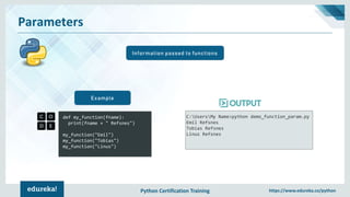 Python Certification Training https://www.edureka.co/python
Parameters
Information passed to functions
def my_function(fname):
print(fname + " Refsnes")
my_function("Emil")
my_function("Tobias")
my_function("Linus")
Example
C:UsersMy Name>python demo_function_param.py
Emil Refsnes
Tobias Refsnes
Linus Refsnes
 