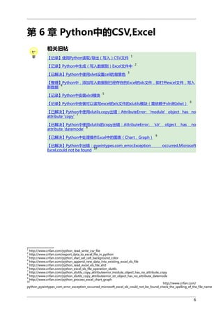 第 6 章 Python中的CSV,Excel
相关旧帖
【记录】使用Python读取/导出（写入）CSV文件

1

【记录】Python中生成（写入数据到）Excel文件中
【已解决】Python中使用xlwt设置cell的背景色

2

3

【整理】Python中，添加写入数据到已经存在的Excel的xls文件，即打开excel文件，写入
4
新数据
【记录】Python中安装xlrd模块

5

【记录】Python中安装可以读写excel的xls文件的xlutils模块（需依赖于xlrd和xlwt）

6

【已解决】Python中使用xlutils.copy出错：AttributeError: 'module' object has no
7
attribute 'copy'
【已解决】Python中使用xlutils的copy出错：AttributeError:
8
attribute 'datemode'
【已解决】Python中处理操作Excel中的图表（Chart，Graph）
【已解决】Python中出错：pywintypes.com_error,Exception
10
Excel,could not be found

'str'

object

has

no

9

occurred,Microsoft

1

http://www.crifan.com/python_read_write_csv_file
http://www.crifan.com/export_data_to_excel_file_in_python
3
http://www.crifan.com/python_xlwt_set_cell_background_color
4
http://www.crifan.com/python_append_new_data_into_existing_excel_xls_file
5
http://www.crifan.com/python_read_excel_xls_file_xlrd
6
http://www.crifan.com/python_excel_xls_file_operation_xlutils
7
http://www.crifan.com/python_xlutils_copy_attributeerror_module_object_has_no_attribute_copy
8
http://www.crifan.com/python_xlutils_copy_attributeerror_str_object_has_no_attribute_datemode
9
http://www.crifan.com/python_process_excel_chart_graph
10
http://www.crifan.com/
python_pywintypes_com_error_exception_occurred_microsoft_excel_xls_could_not_be_found_check_the_spelling_of_the_file_name
2

6

 