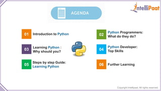 Copyright Intellipaat. All rights reserved.
01 Introduction to Python
04
Python Developer:
Top Skills
02
Python Programmers:
What do they do?
03
Learning Python :
Why should you?
05
Steps by step Guide:
Learning Python
06 Further Learning
 