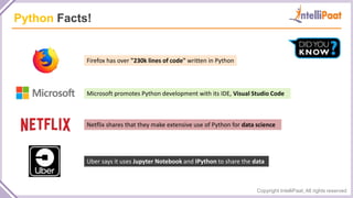 Copyright IntelliPaat, All rights reserved
Python Facts!
Firefox has over "230k lines of code" written in Python
Microsoft promotes Python development with its IDE, Visual Studio Code
Netflix shares that they make extensive use of Python for data science
Uber says it uses Jupyter Notebook and IPython to share the data
 