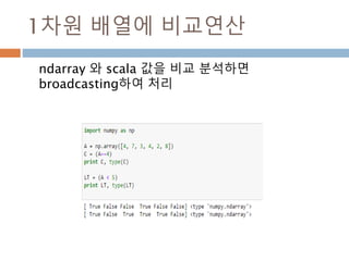 다차원 배열 : 열 조회/ 변경
7*4배열을 정의하고 첫번째 열의 값을 99으로
변경
배열명[행접근, 열접근]
Slicing도 행접근과 열접근으
로 별도로 할 수 있음
배열명[ 행 슬라이싱, 열 슬라
이싱] 으로 배열을 접근 가능
101
 