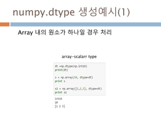 Data type : 1
numpy 내에 정의된 데이터 타입
Data type Description
bool_ Boolean (True or False) stored as a byte
int_ Default integer type (same as C long; normally either int64 or int32)
intc Identical to C int (normally int32 or int64)
intp Integer used for indexing (same as C ssize_t; normally either int32 or int64)
int8 Byte (-128 to 127)
int16 Integer (-32768 to 32767)
int32 Integer (-2147483648 to 2147483647)
int64 Integer (-9223372036854775808 to 9223372036854775807)
uint8 Unsigned integer (0 to 255)
uint16 Unsigned integer (0 to 65535)
uint32 Unsigned integer (0 to 4294967295)
uint64 Unsigned integer (0 to 18446744073709551615)
134
 
