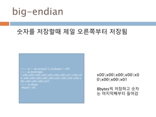 Ndarray 타입과 매칭 1
타입 매칭
Ndarray 타입 타입 코드 설명
int8, uint8 i1,u1 1byites 정수형
int16, uint16 i2,u2 2byites 정수형
int32, uint32 i4,u4 4byites 정수형
int64, uint64 i8,u8 8byites 정수형
float16 f2 반정밀도 부동소수점
float32 f4, f 단정밀도 부동소수점. C언어의 float형 호환
float64 f8, d
배정밀도 부동소수점, C언어의 double, Python의 float
객체
float128 f16, g 확장 정밀도 부동소수점
complex64 c8 32비트 부동소수점 2개를 가지는 복소수
complex128 c16 64비트 부동소수점 2개를 가지는 복소수
.
142
 