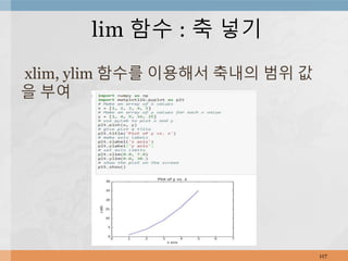 xlim, ylim 함수를 이용해서 축내의 범위 값
을 부여
117
lim 함수 : 축 넣기
 