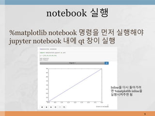 %matplotlib notebook 명령을 먼저 실행해야
jupyter notebook 내에 qt 창이 실행
9
notebook 실행
Inline을 다시 돌아가려
면 %matplotlib inline을
실행시켜주면 됨
 