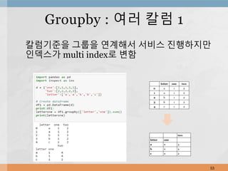 칼럼기준을 그룹을 연계해서 서비스 진행하지만
인덱스가 multi index로 변함
53
Groupby : 여러 칼럼 1
letter one two
0 a 1 2
1 a 1 2
2 b 1 2
3 b 1 2
4 c 1 2
two
letter one
a 1 4
b 1 4
c 1 2
 