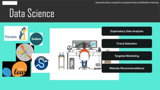 Data Science
Exploratory Data Analysis
Fraud Detection
Targeted Marketing
Website Recommendations
www.edureka.co/python-programming-certification-training
 