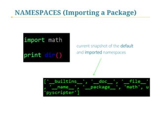 NAMESPACES (Importing a Package)

current snapshot of the default
and imported namespaces

 